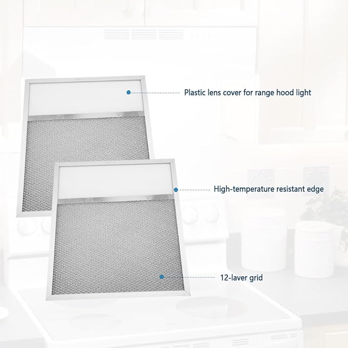 Range Hood Aluminum Grease Filter with Light Lens – 2 Pack, 11 x 12 x 3/8 Inches, Compatible with Air-O Hoods 1200 & Other Brands, Replacement Filters for Kitchen Exhaust Ventilation