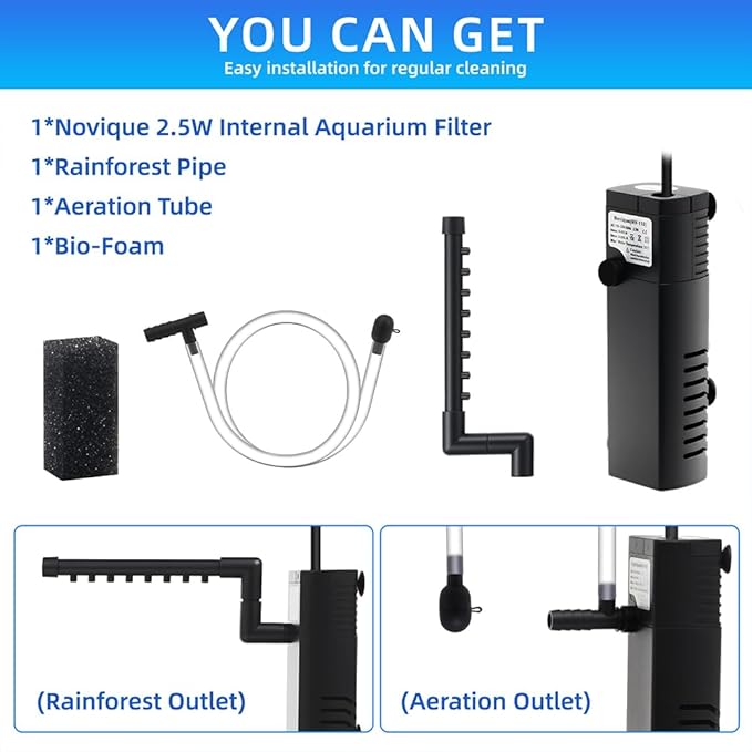 Submersible Internal Aquarium Filter Multiple Function Powerful Pump Fish Tank Filter for 2-10 Gallon Tanks 53 GPH 2.5W
