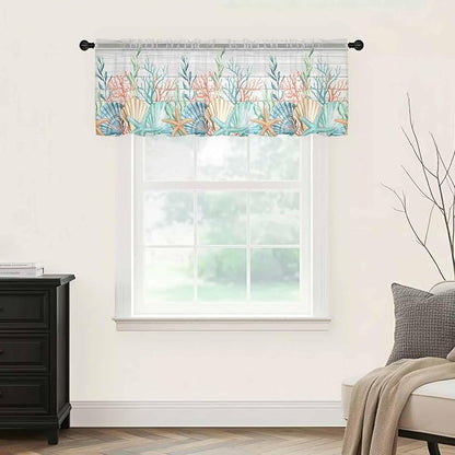 Summer Beach Sheer Valance Curtains, Ocean Colorful Coral Shell Seaweed Starfish Wood Grain Light Filtering Kitchen Valances Rod Pocket Voile Curtain Treatment for Bedroom/Living Room/Basement 42Wx12L