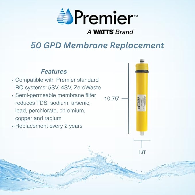 Watts Premier RO Water Filter 50 GPD (Gallons Per Day) Semi-Permeable Membrane Replacement for Premier Standard Reverse Osmosis System, Yellow, Built-In Check Valve, 1.8" Dia x 10.75" L, 1-Pack