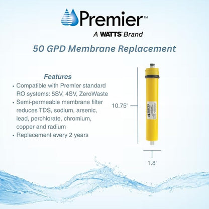 Watts Premier RO Water Filter 50 GPD (Gallons Per Day) Semi-Permeable Membrane Replacement for Premier Standard Reverse Osmosis System, Yellow, Built-In Check Valve, 1.8" Dia x 10.75" L, 1-Pack