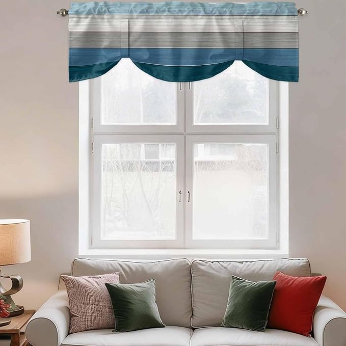 Blue Ombre Wooden Tie Up Valance Curtains for Windows, Kitchen Curtains Window Shades, Farmhouse Retro Wood Gradient Light Filtering Roman Curtain Valances for Bedroom/Bathroom/Cafe 42"x12"