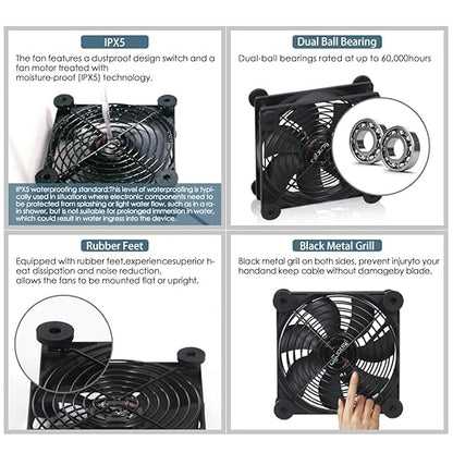 Quiet 120mm USB 5V/12V DC Fan - IPX5 Waterproof, 10 Speed, Portable Cooling Fan for Tablet, TV, Receiver, Router, DVR, Xbox, Greenhouse, Kennel, Computer Cabinet & Component Cooling