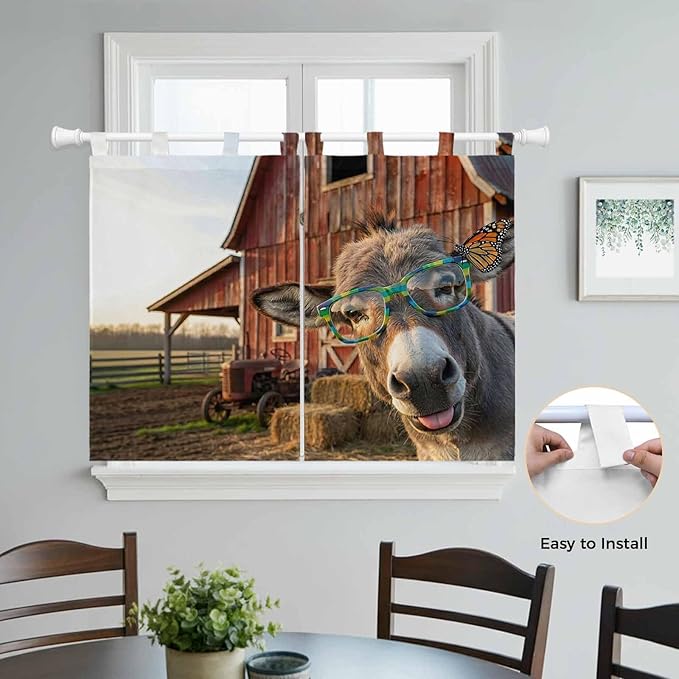 Farm Donkeys Kitchen Curtains 45 Inch Length, Short Cafe Window Curtains Tab Top, Farmhouse Barn Funny Animals Butterfly Light Filtering Window Treatments Tier Drapes 27.5"x45" 2 Panel