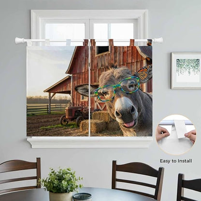 Farm Donkeys Kitchen Curtains 45 Inch Length, Short Cafe Window Curtains Tab Top, Farmhouse Barn Funny Animals Butterfly Light Filtering Window Treatments Tier Drapes 27.5"x45" 2 Panel