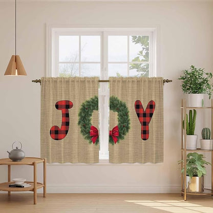 Red Green Christmas Kitchen Tier Curtains 45 Inch Long 2 Panel Set,Rod Pocket Short Window Treatment,Xmas Botanical Winter Farmhouse Curtains & Drapes for Bathroom Basement 27.5"W x 45"L