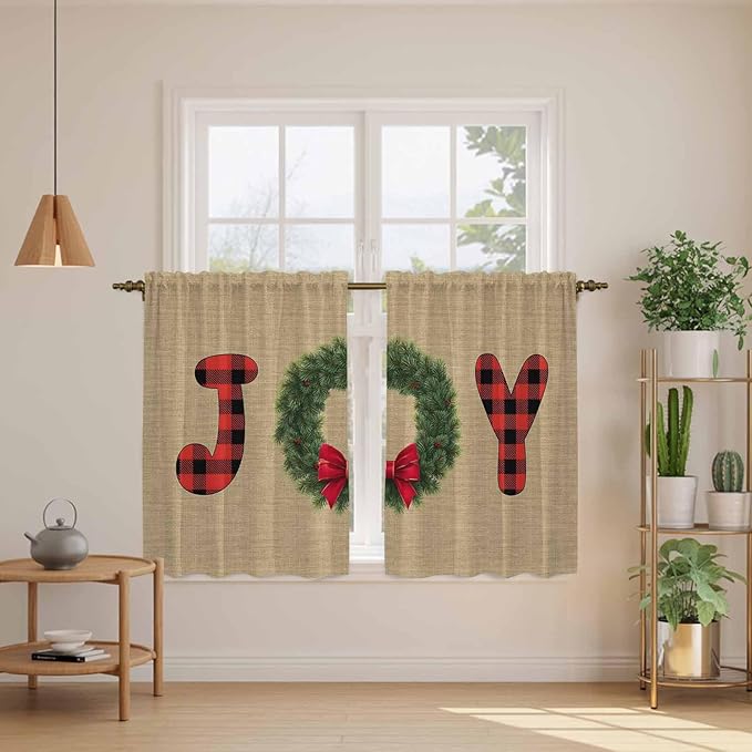 Red Green Christmas Kitchen Curtains 45 Inch Long 2 Panel Set, Rod Pocket Window Treatment, Xmas Botanical Winter Farmhouse Light Filtering Short Curtains & Drapes for Bathroom Laundry 52"W x 45"L