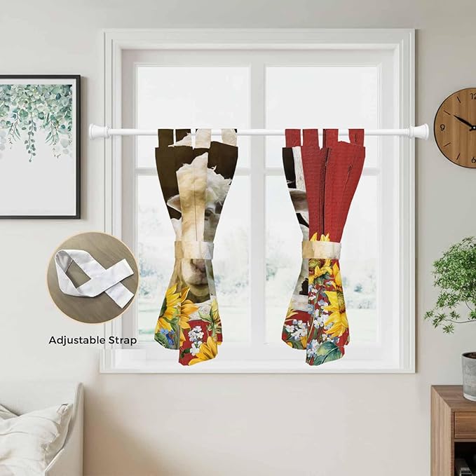 Sheep Flowers Bedroom Curtains 63 Inch Length, Window Curtains Tab Top, Country Red Barn Botanical Sunflowers Light Filtering Window Treatments Drapes 42"x63" 2 Panel