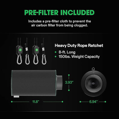 VIVOSUN 4 Inch Air Carbon Filter Smelliness Control with Australia Virgin Charcoal for Inline Fan, Grow Tent Smelliness Scrubber, Pre-Filter Included, Reversible Flange 4" x 12", Black