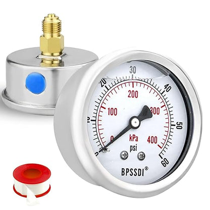 0-60 Psi Glycerin Liquid Filled Low Pressure Gauge, 2.5" Dial Size, 1/4" G Back Mount, 304 Stainless Steel Case, for Water Pipe, HVAC, Water Oil Air Pressure Test