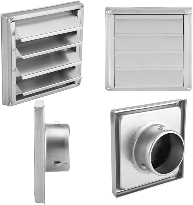 Extractor Fan Outlet, 100mm Stainless Steel Wall Air Vent Outdoor Filter Square Tumble Dryer Extractor Fan Outlet for Kitchen Fans and Vents Dryer Vent Cover Outdoor