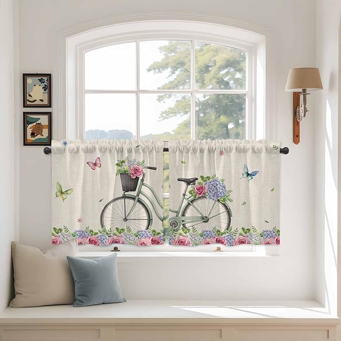 Farmhouse Spring Tier Curtains, Retro Bicycles Flowers Vines Butterfly Light Filtering Kitchen Curtains, 2Pcs Rod Pocket Half Window Treatments Panels for Sink Cafe Cabinet Camper 27.5x36 Inches