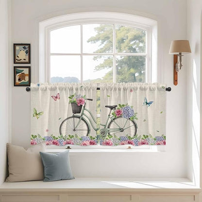 Farmhouse Spring Tier Curtains, Retro Bicycles Flowers Vines Butterfly Light Filtering Kitchen Curtains, 2Pcs Rod Pocket Half Window Treatments Panels for Sink Cafe Cabinet Camper 27.5x24 Inches