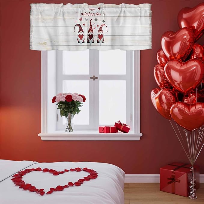 Happy Valentine's Valance Curtains for Kitchen, Day Gnomes Love Heart on Rustic Wood Grain Privacy Rod Pocket Valance Curtain, Light-Filtering Window Treatment for Bedroom Bathroom, 60"x18"
