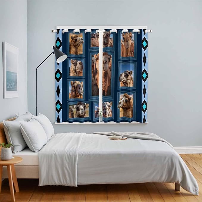2 Panel Kitchen Cafe Curtains, Desert Camels Sunlight Filtering Nature Air Through, Home Decor Window Covering Tier Curtains for Living Room 104W x 84L inch Wildlife Brown Animals Blue Geometric