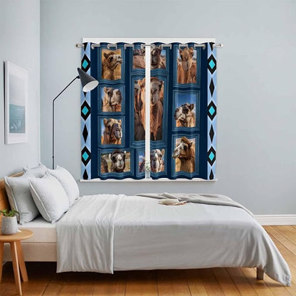 2 Panel Kitchen Cafe Curtains, Desert Camels Sunlight Filtering Nature Air Through, Home Decor Window Covering Tier Curtains for Living Room 104W x 84L inch Wildlife Brown Animals Blue Geometric