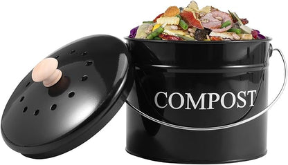 Kitchen Compost Bin 0.8 Gallon Metal Countertop Compost Bin with Lid and Handle, Smell Resistant Indoor Waste Bucket for Food Waste(Black,1)