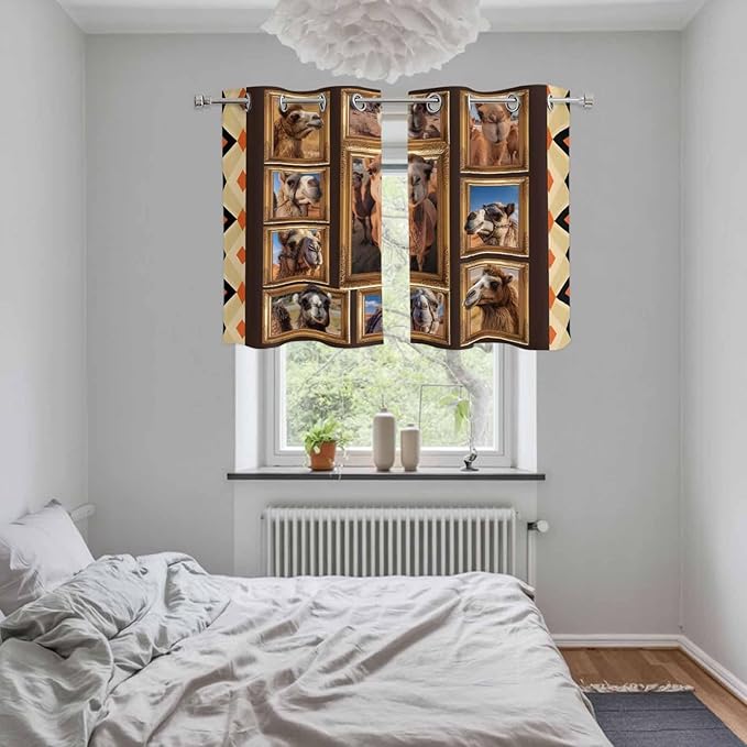 2 Panel Kitchen Cafe Curtains, Wildlife Camels Sunlight Filtering Nature Air Through, Home Decor Window Covering Tier Curtains for Living Room 55W x 39L inch Deserts Animals Brown Geometric Rustic