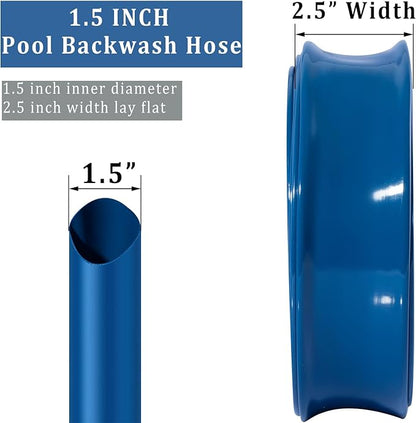 Pool Backwash Hose 1 1/2 inch × 50 ft Thicken Blue Water Discharge Pipe Lay Flat Tubing Hose for Backwash Pool Filter, Drain Pool Pond Water (1.5in-50ft, Vinyl Tubing)