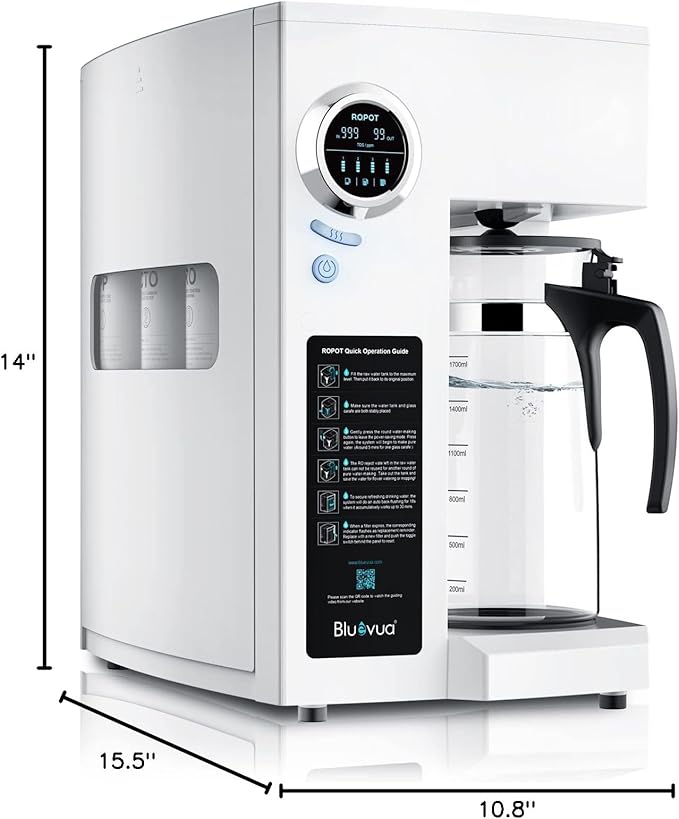 Bluevua RO100ROPOT Reverse Osmosis System Countertop Water Filter, 5 Stage Purification, Counter RO Filtration, 2:1 Pure to Drain, Purified Tap Water, Portable Water Purifier for Home