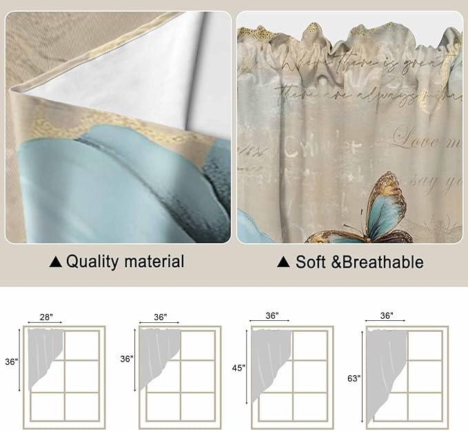 Spring Flowers Swag Valances for Windows, Vintage Rustic Tulips Floral Butterfly Khaki Rod Pocket Kitchen Curtains Valance, Small Window Curtains Swag for Cafe Living Room, 2 Panels, 36x36 inch