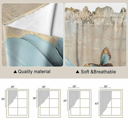 Spring Flowers Swag Valances for Windows, Vintage Rustic Tulips Floral Butterfly Khaki Rod Pocket Kitchen Curtains Valance, Small Window Curtains Swag for Cafe Living Room, 2 Panels, 36x36 inch
