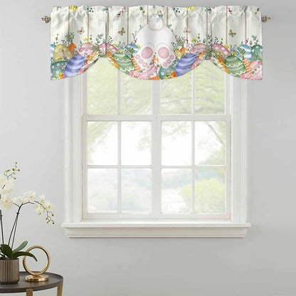 Easter Tie Up Valance Curtains for Windows, Kitchen Curtains Window Shades, Spring Rabbit Ears Foot Colorful Eggs Leaf Floral Light Filtering Roman Curtain Valances for Bedroom/Bathroom/Cafe 60"x18"