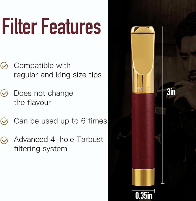 Reusable Washable Cigarette Filter Tips Mouthpiece Handcrafted Solid Wood Metal Smoking Cigarette Filter Never Fade Suitable for Coarse Fine Medium Birthdays Christmas Father Day Gift (Red Sandalwood)