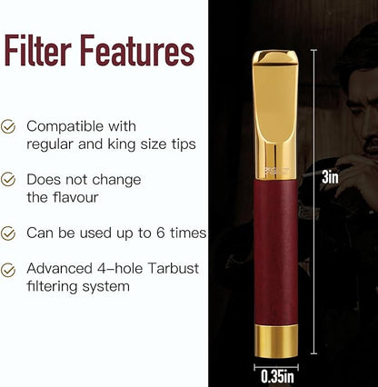 Reusable Washable Cigarette Filter Tips Mouthpiece Handcrafted Solid Wood Metal Smoking Cigarette Filter Never Fade Suitable for Coarse Fine Medium Birthdays Christmas Father Day Gift (Red Sandalwood)