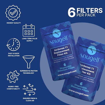 Snugell Disposable AirSense 11 CPAP Filters – 6-Pack– Designed for ResMed AirSense 11 Machines – Travel-Friendly and Easy to Install – Provides Superior Filtration for Clean, Healthy, and Purified Air