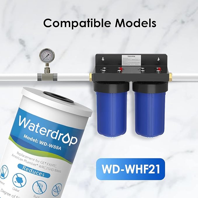 Waterdrop FXHTC Whole House Carbon Water Filter, Replacement for GE® FXHTC, GXWH40L, GXWH35F, Culligan® RFC-BBSA, American Plumber W10-PR, W10-BC, WRC25HD, 10" x 4.5" Cartridge, 5 Micron, Pack of 4