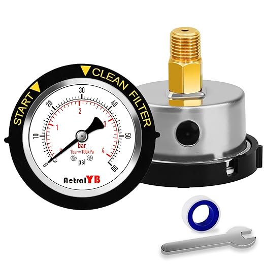 60PSI Pool Filter Pressure Gauge, 2 inches Dial, 1/4" NPT Back Mount, 304Stainless Steel Case, IP67 Waterproof, Clean Filter Indicator, for Swimming Water Pump Spa Aquarium Pressure Test