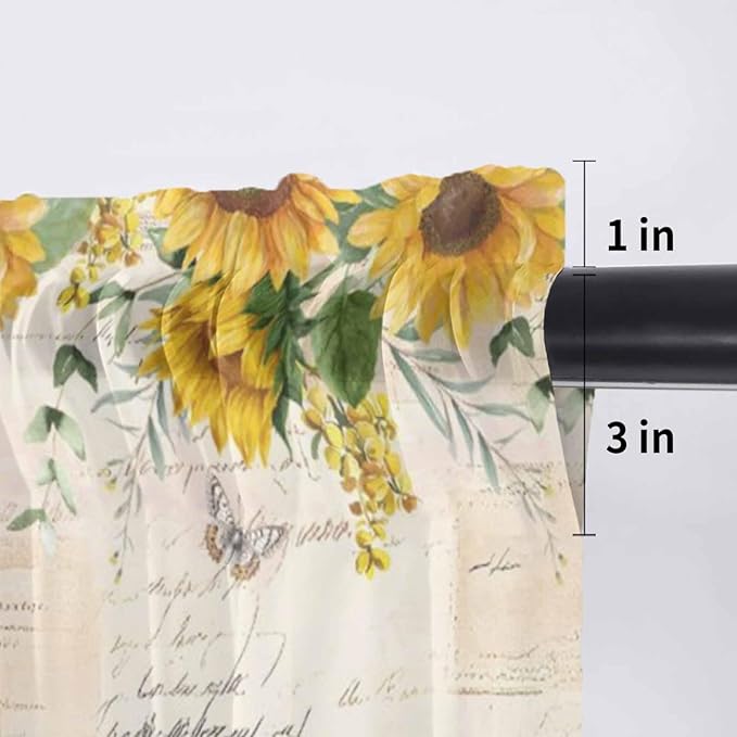 Farmhouses Sunflowers Sheer Valance Curtains, Retro Floral Leaves Red Truck Vintage Light Filtering Kitchen Valances Rod Pocket Voile Curtain Window Treatment for Bedroom/Living Room/Basement 42Wx12L