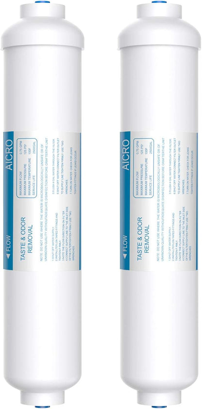 Inline Water Filter for Ice Maker, Refrigerator, Under-Sink Reverse Osmosis Water System, Post Activated Carbon Water Filter Replacement Cartridge with 1/4-Inch Quick-Connect (Pack of 2)