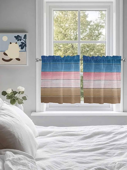 Blue Pink Brown Gradient Wood Grain Window Valance Curtains, Vintage Wood Board Light Filtering Kitchen Valance with 3-inch Rod Pocket for Living Room Bathroom Bedroom,2 Panel,27.5x24In