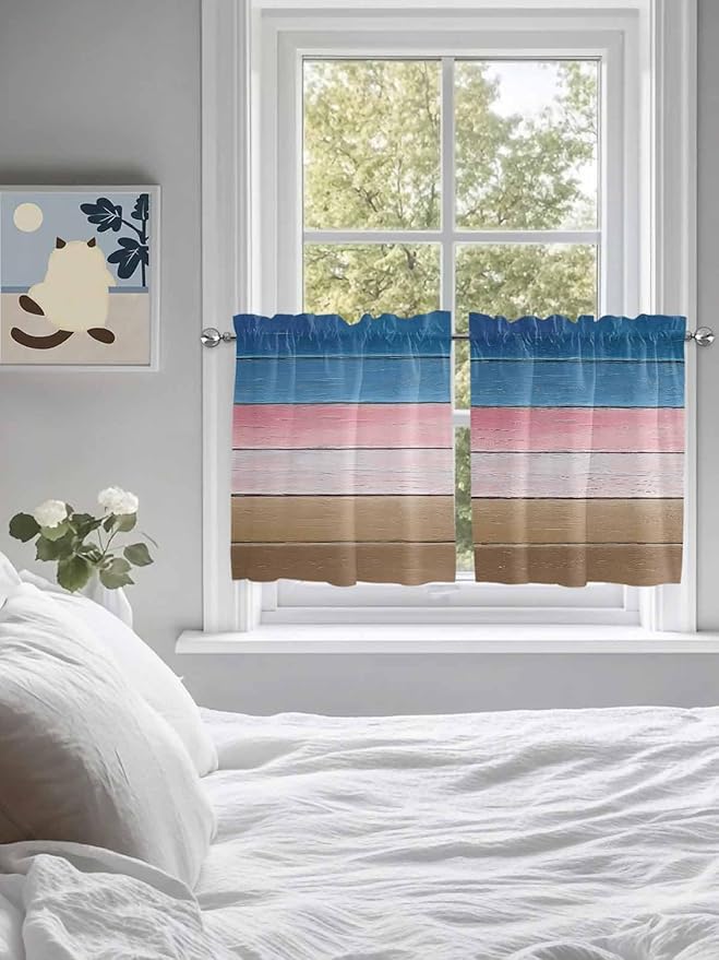 Blue Pink Brown Gradient Wood Grain Window Valance Curtains, Vintage Wood Board Light Filtering Kitchen Valance with 3-inch Rod Pocket for Living Room Bathroom Bedroom,2 Panel,27.5x36In