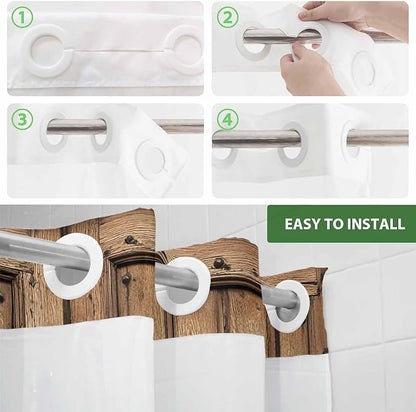 Wood Barn Door No Hook Shower Curtain with Snap in Liner Set, Waterproof Shower Curtains for Bathroom, Wooden Plank Fabric Shower Curtain, See Through Mesh Top Window, 36" W x 78" L