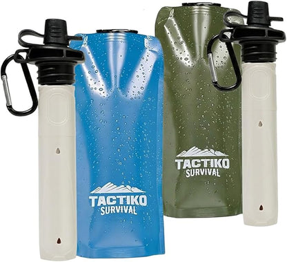 2-Pack Tactiko Survival 20oz/600ml Filtered Water Bottle Kit - Purify 265 Gal. Water from Rivers, Lakes & Streams - SGS Certified - UF Membrane, Activated Carbon - Camping, Emergency (Blue/Green)