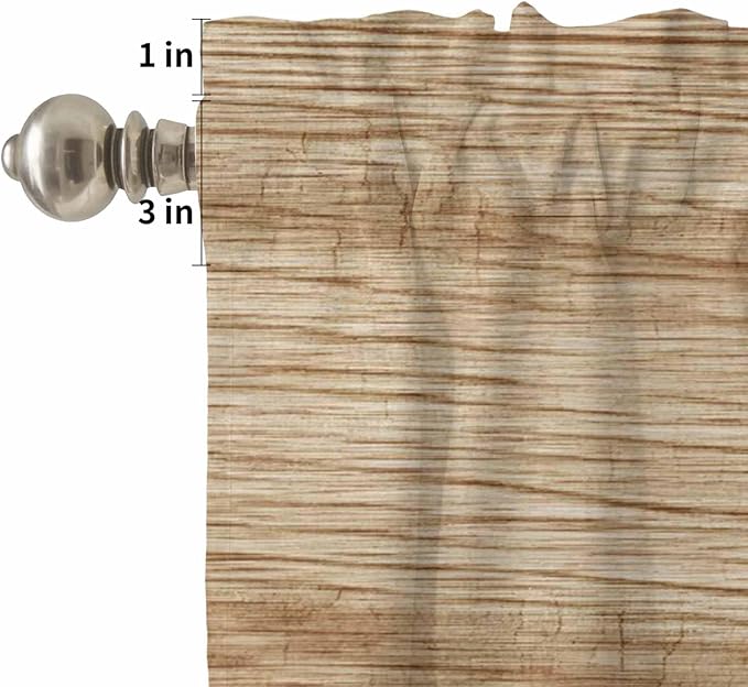 Kitchen Curtains Tiers and Valance Set of 3, Country Farmhouse Light Filtering Window Curtain Set, Vintage Brown Wooden Grain Rod Pocket Curtain Drapes for Cafe, Living Room, 24 Inches Tiers