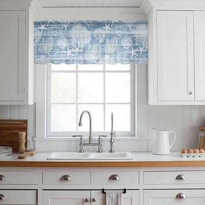 Haze Blue Retro Summer Sheer Valance Curtains, Sea Turtle Starfish Coral Ocean Light Filtering Kitchen Valances Rod Pocket Voile Curtain Window Treatment for Bedroom/Living Room/Basement 42Wx18L