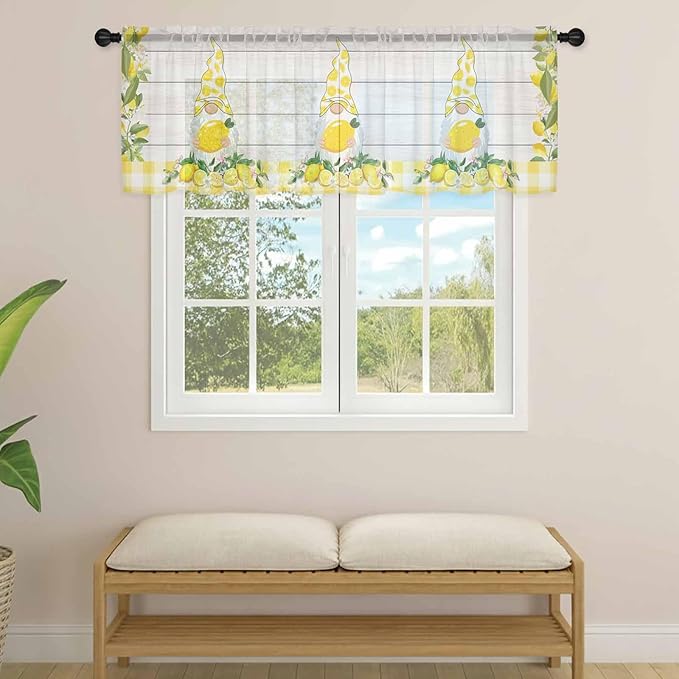 Lemon Dwarfs Sheer Valance Curtains, Gnome Green Leaf Wood Striped Yellow Plaid Light Filtering Kitchen Valances Rod Pocket Voile Curtain Window Treatment for Bedroom/Living Room/Basement 60Wx18L