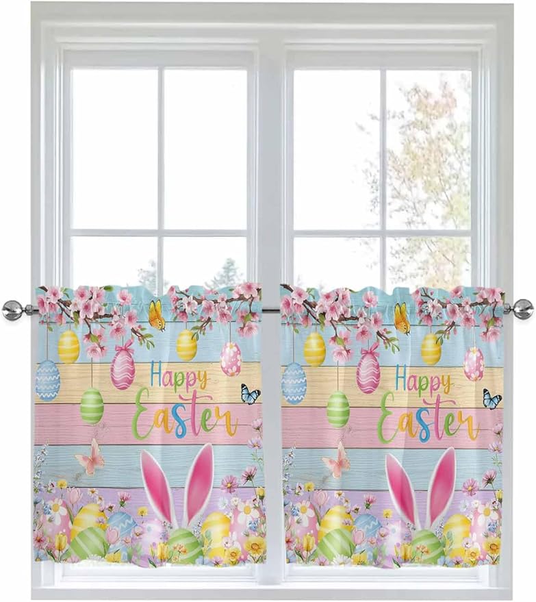Colorful Easter Half Window Curtains 24 Inches Long, Spring Watercolor Bunny Egg Flower Wood Grain Window Treatment Curtain Drapes, Short Curtains Tiers for Kitchen Over Sink, 27.5"x24", 2 Panels