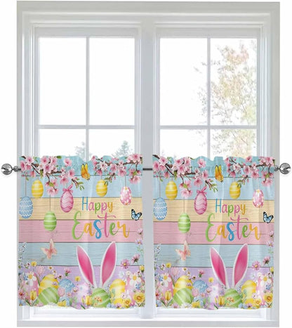 Colorful Easter Half Window Curtains 24 Inches Long, Spring Watercolor Bunny Egg Flower Wood Grain Window Treatment Curtain Drapes, Short Curtains Tiers for Kitchen Over Sink, 27.5"x24", 2 Panels