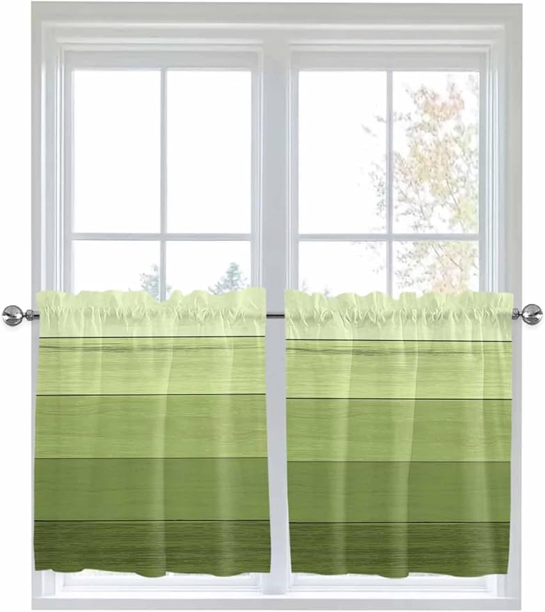 Gradient Green Wooden Board Window Valance Curtains, Retro Country Wood Grain Light Filtering Kitchen Valance with 3-inch Rod Pocket for Living Room Bathroom Bedroom,2 Panel,27.5x36In