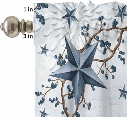 Kitchen Curtains Tiers and Valance Set of 3, Texas Star Country Light Filtering Window Curtain Set, Blue Farmhouse Branches Rod Pocket Curtain Drapes for Cafe, Living Room, 24 Inches Tiers
