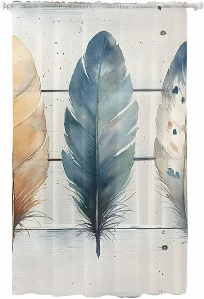 Sheer Curtains 96 Inches Long, Boho Blue Feathers Semi Sheer Curtains Light Filtering Window Treatment, Country Vintage Wooden Grain Privacy Voile Drapes for Living Room Bedroom 52x96 Inch
