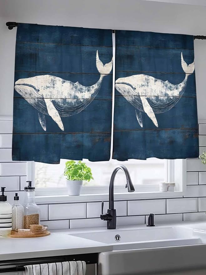 Sheer Curtains 45 Inch Length, Summer Whale Semi Sheer Curtains Light Filtering Window Treatment, Ocean Vintage Wooden Grain Blue Privacy Voile Drapes for Living Room Bedroom 52x45 Inch