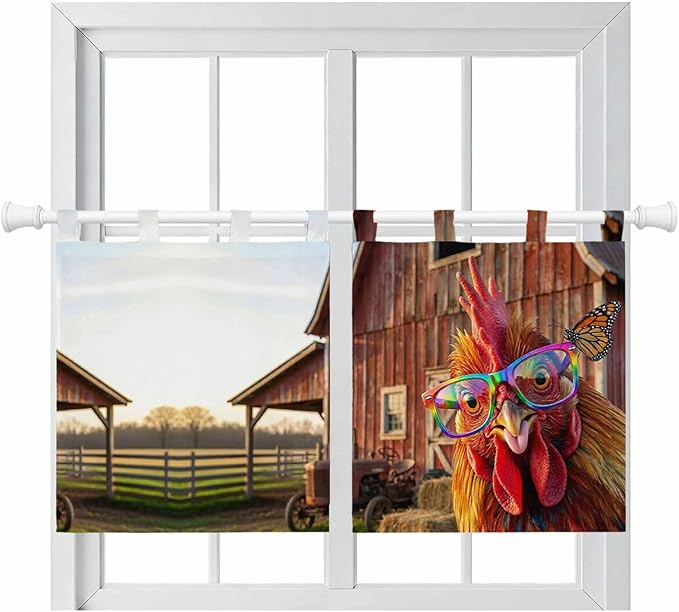 Farm Rooster Kitchen Curtains 24 Inch Length, Small Window Curtains Tab Top, Farmhouse Barn Funny Animals Butterfly Light Filtering Short Window Treatments Tier Drapes 27.5"x24" 2 Panel