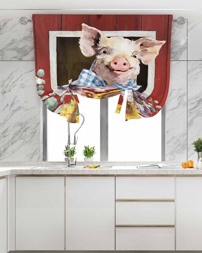 Tie Up Curtains for Windows, Pig Sunflowers Adjustable Balloon Nature Linen Textured Kitchen Curtain, Eucalyptus Leaves Floral Bees Red Barn Blackout Curtains for Living Room, 46 x 63 Inches