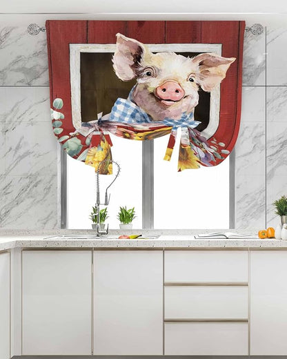Tie Up Curtains for Windows, Pig Sunflowers Adjustable Balloon Nature Linen Textured Kitchen Curtain, Eucalyptus Leaves Floral Bees Red Barn Tie Up Blackout Curtains for Bedroom, 52 x 63 Inches